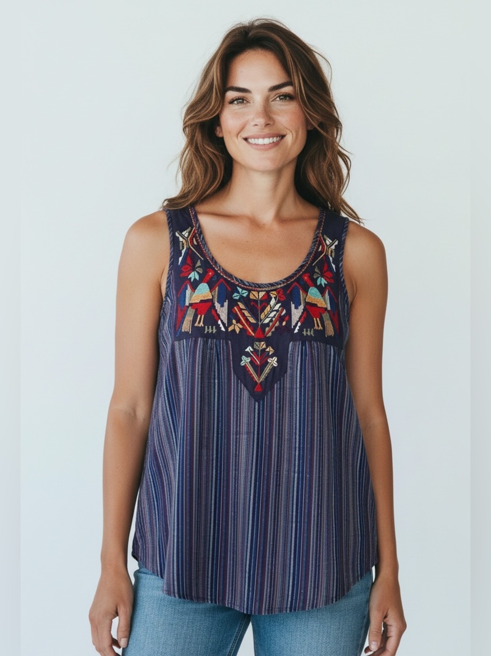 THML top features a dark blue vertically striped chambray design. Size M